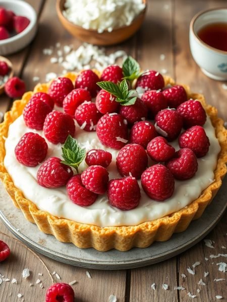 Tarta vegana de coco y frambuesa