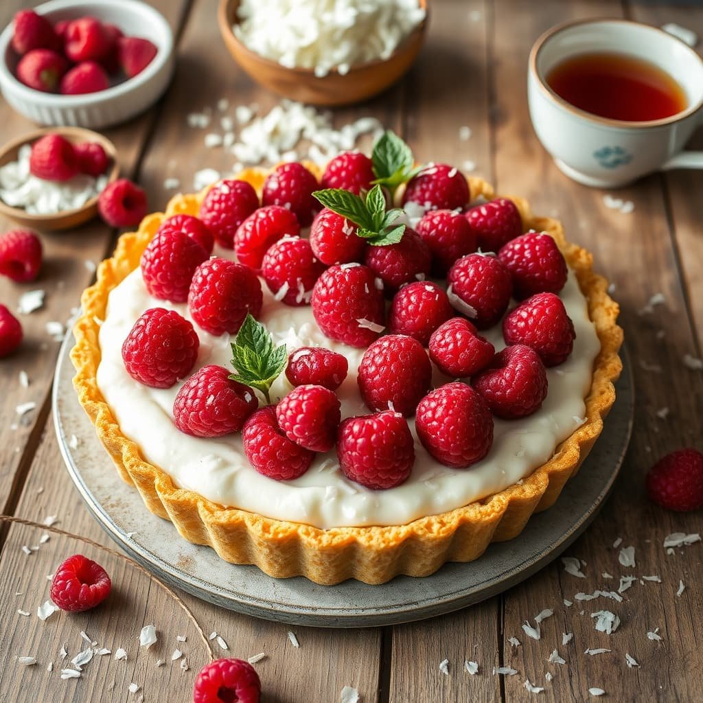 Tarta vegana de coco y frambuesa