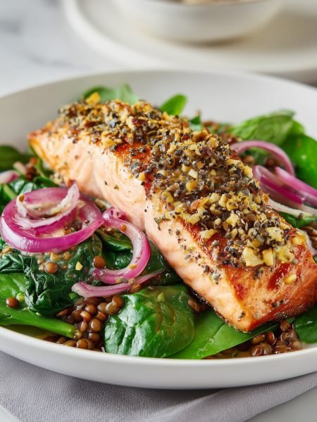 Salmón al horno con mostaza Dijon y semillas